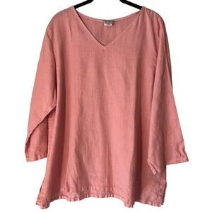 Match Point USA Pink 100% Linen Loose 3/4 Sleeve Tunic Top Sz L